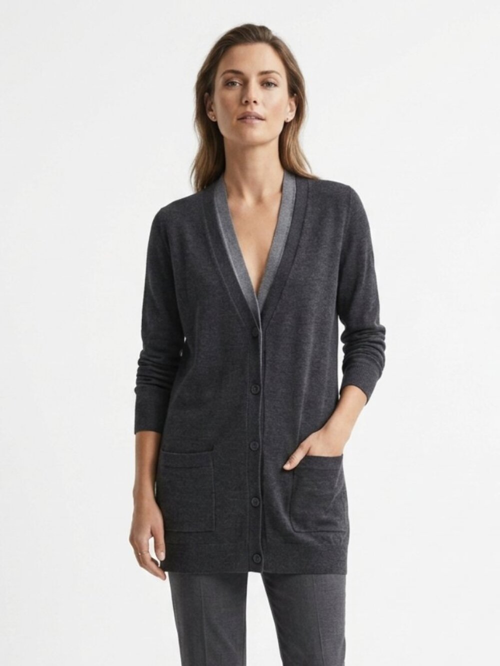 THEORY KRYSSA B PREEN 100% WOOL DARK LIGHT GREY BUTTON DOWN KNITTED CARDIGAN